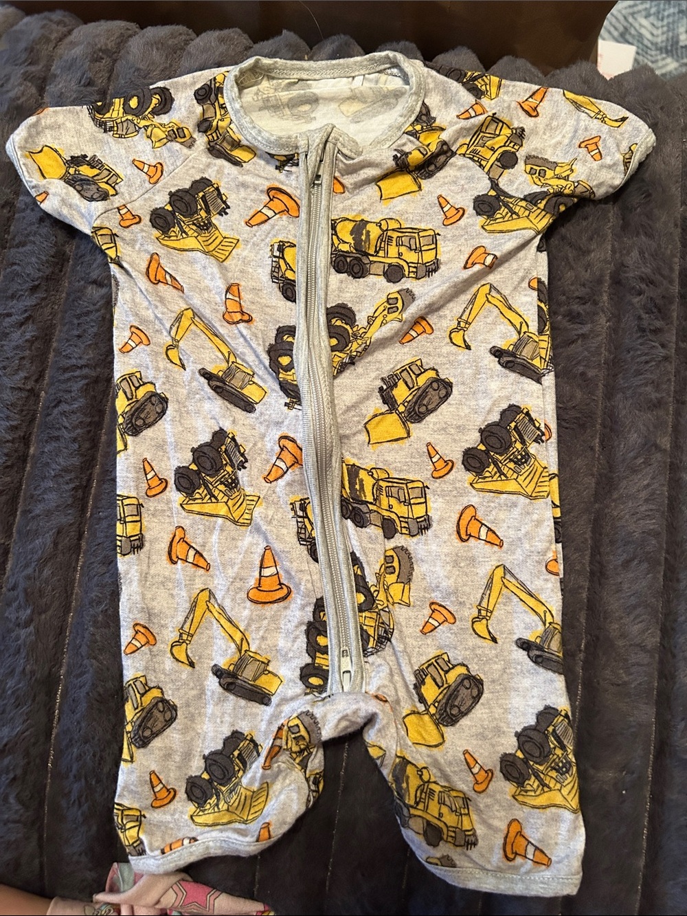 Bamboo Gray Construction-Print Zippy One-Piece Romper